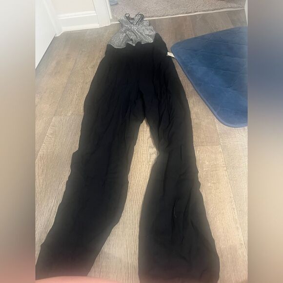Vintage 80s sleeveless black wide leg metallic ailver jumpsuit size 4 - Picture 3 of 12